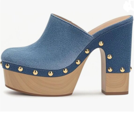 FSJ Shoes - FSJ Blue Denim Round Toe Mules High Chunky Heel Slip On Platform Wooden Sandal